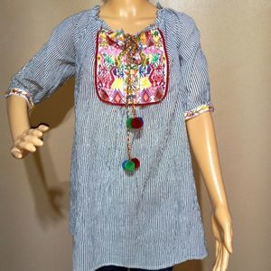 J Roberts cotton, gray white striped,  embroidery, tunic top, M